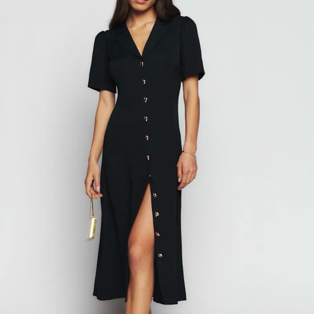 Reformation Black Button-Front Puff Sleeve Wilde Midi Dress